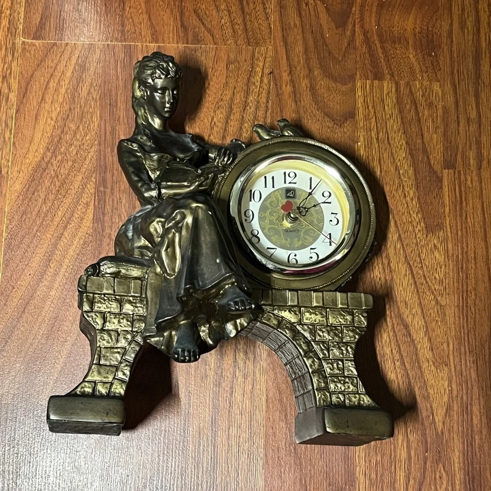 Vintage Victorian Lady Figural Clock Bronze Tone Mantel Decor Taiwan ‼️WORKS‼️